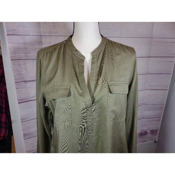 Nautica Khaki Green Mandarin Collar Shirt Dress with Orange Accent, Size M - Picture 3 of 10